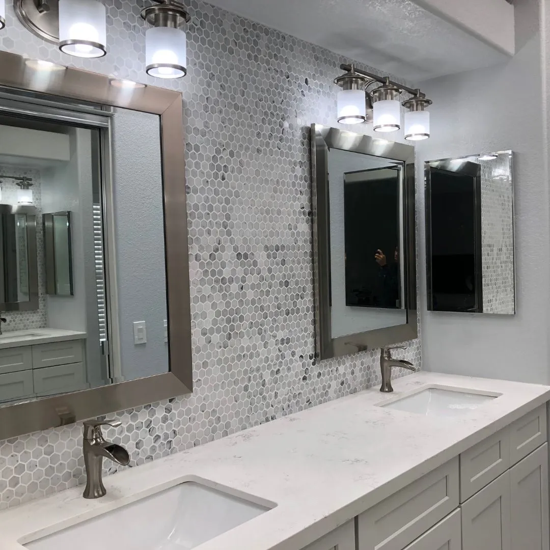 Bathroom wall backsplash vinyl wrapped in marble finish Dubai